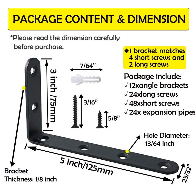 WINKER Corner Brace 12Pcs Shelf Bracket Heavy Duty Black Steel L Corner Brace, Decorative Joint Angle Bracket for Shelf 5 InchX3 Inch Shelves Wall Hanging Bracket with Screws5 InchX3 Inch(12PCS)) - Image 1